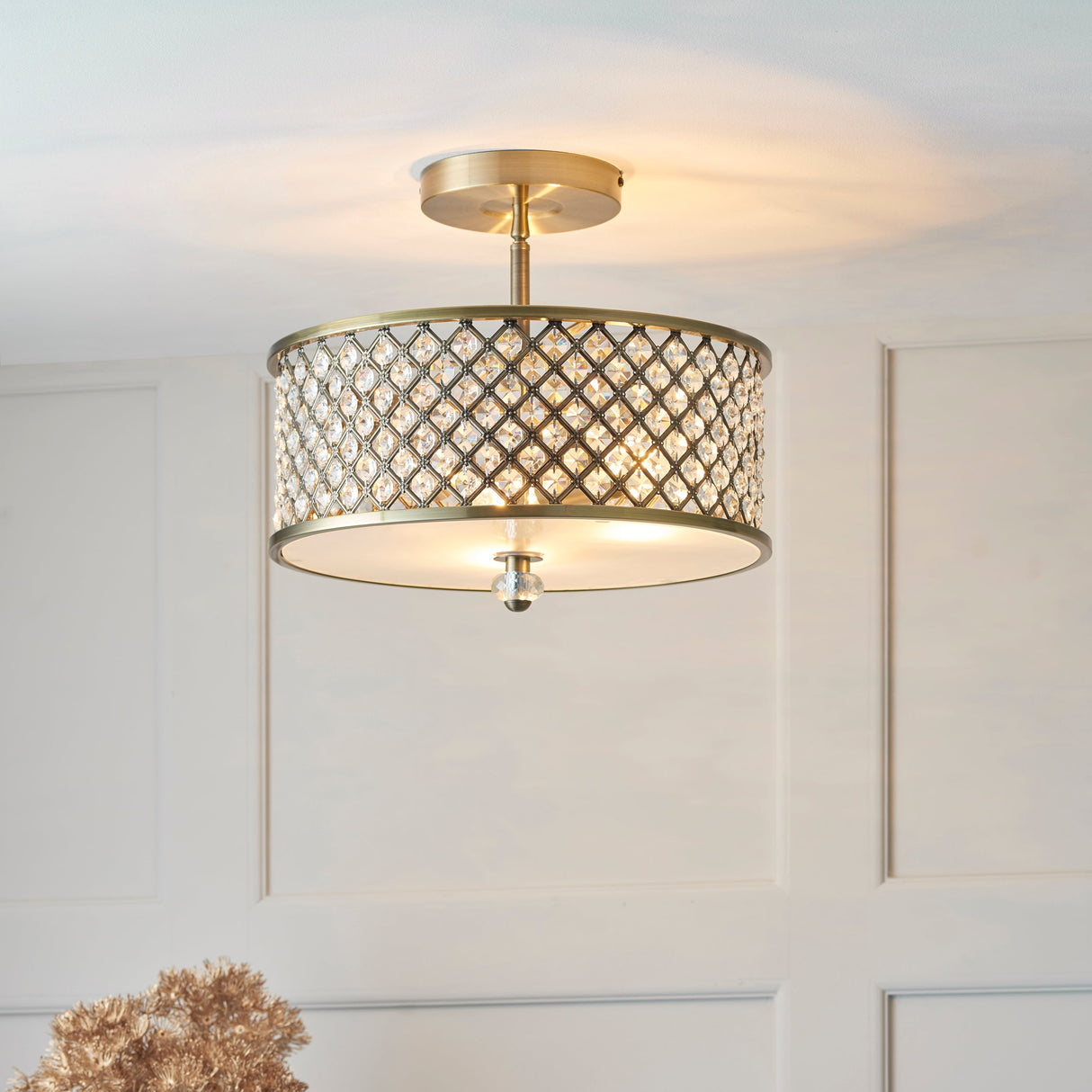 Endon Hudson 3lt Flush Ceiling Light Antique Brass – from Amos Lighting + Home