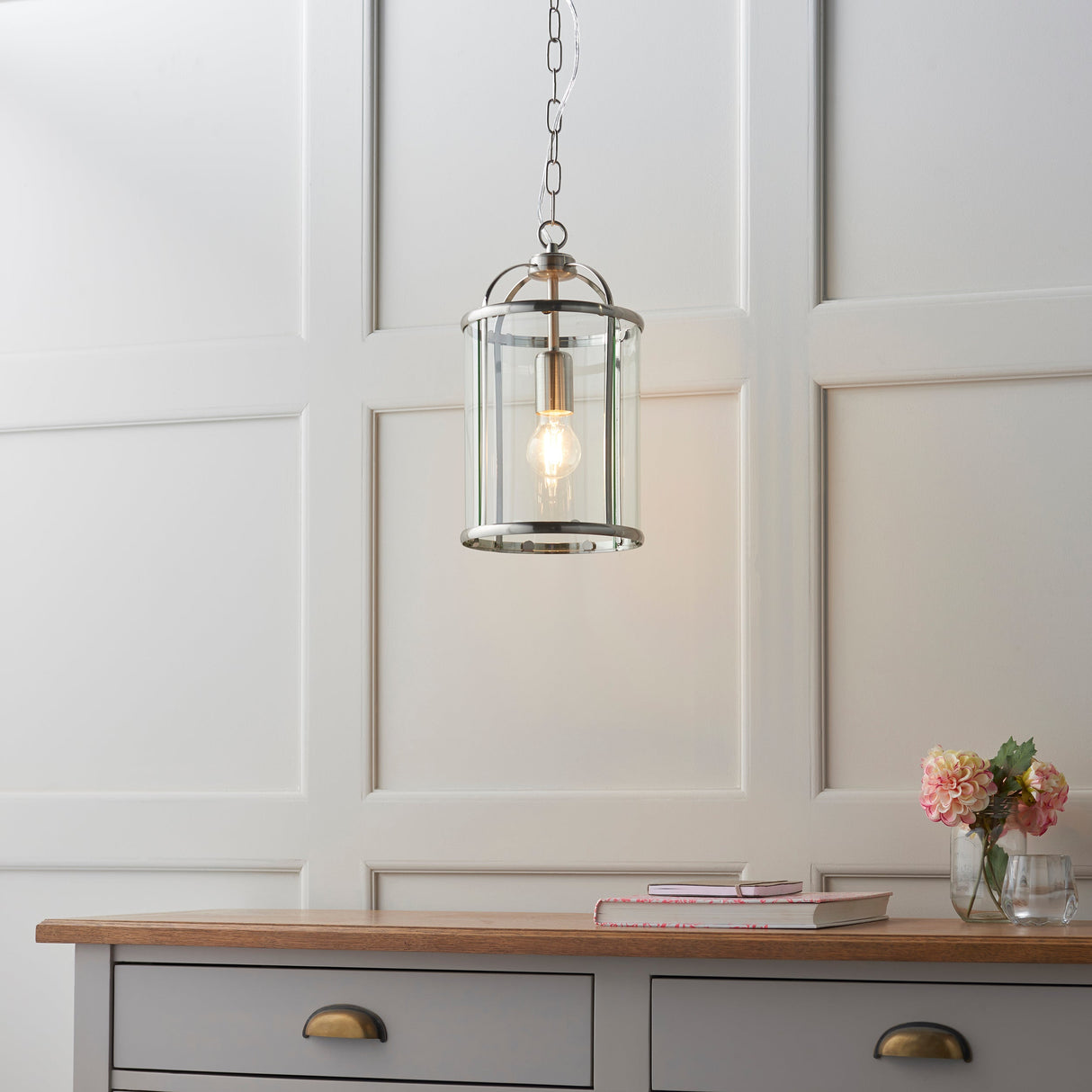 Amos Lambeth Single Lantern Satin Nickel – from Amos Lighting + Home