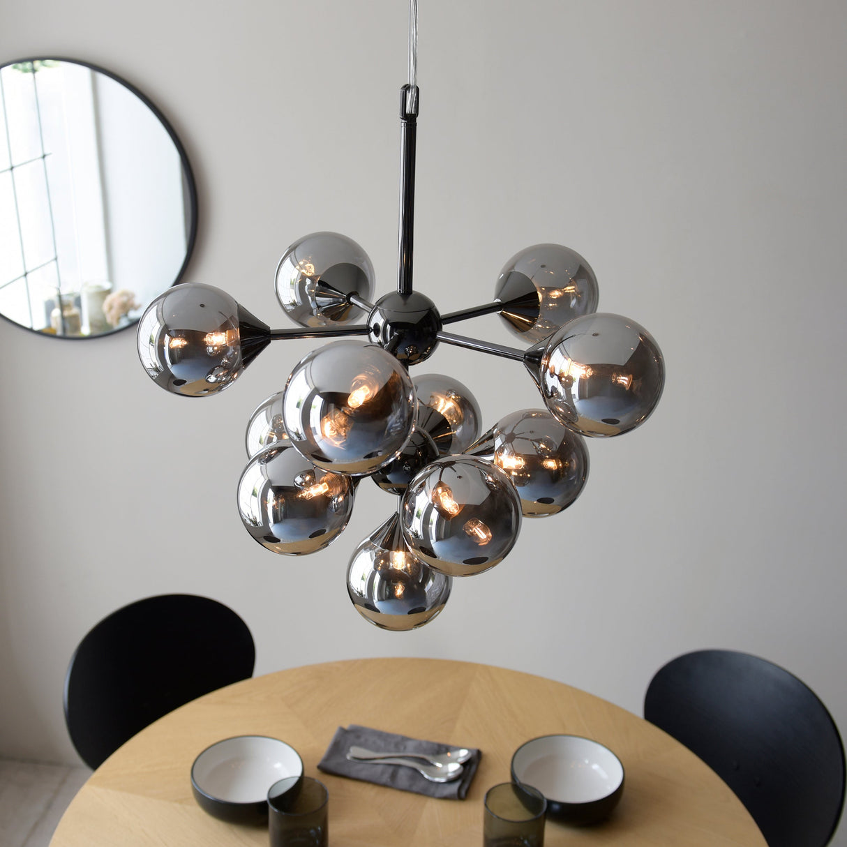 Amos Oscar 11lt Modern Chandelier Black Chrome & Smoked Glass – from Amos Lighting + Home