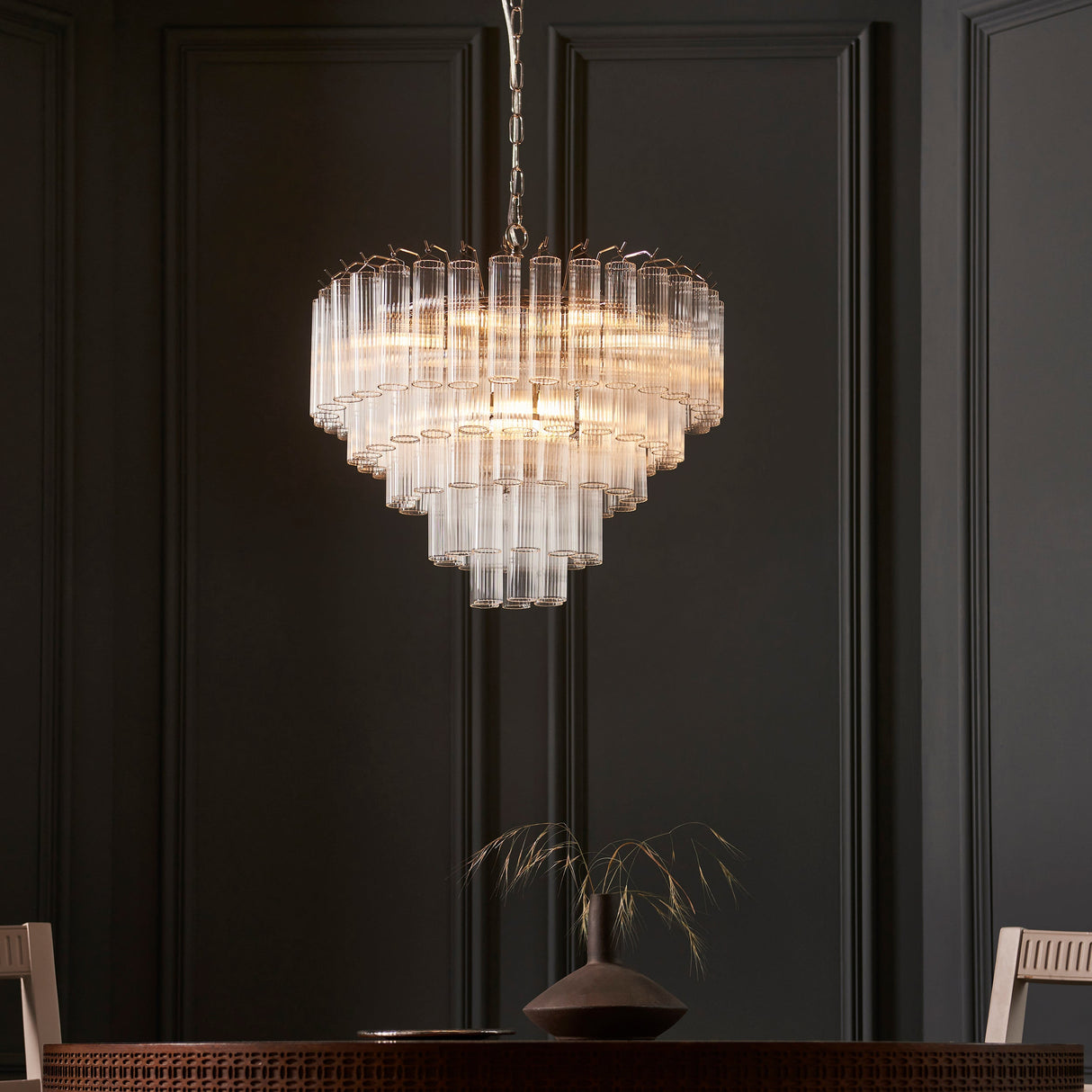 Amos Toulouse Chandelier Bright Nickel & Ribbed Glass – from Amos Lighting + Home