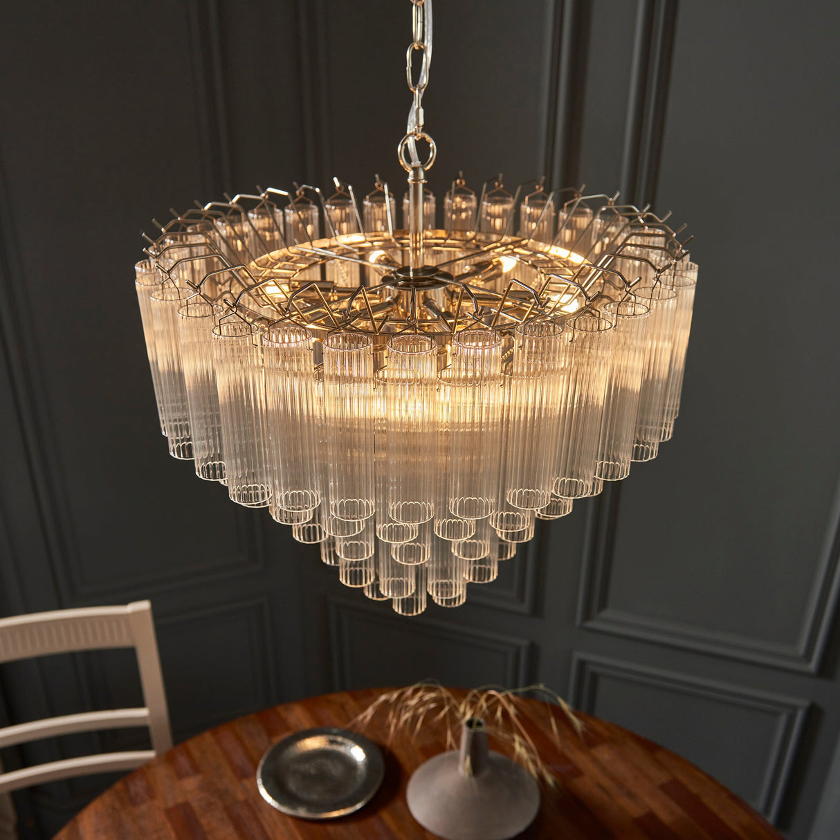 Amos Toulouse Chandelier Bright Nickel & Ribbed Glass – from Amos Lighting + Home