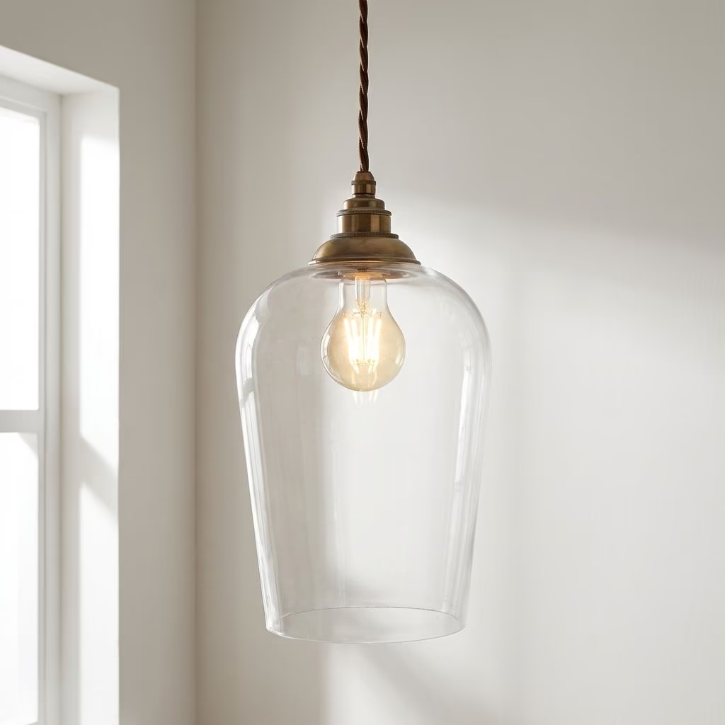 Soho Lighting Milton Clear Glass Pendant Light with Old English Bronze Bulb Holder and Brown Twisted Cable