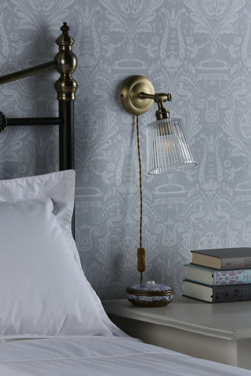 Laura Ashley Callaghan Plug in Wall Light Antique Brass Ribbed Glass – from Amos Lighting + Home