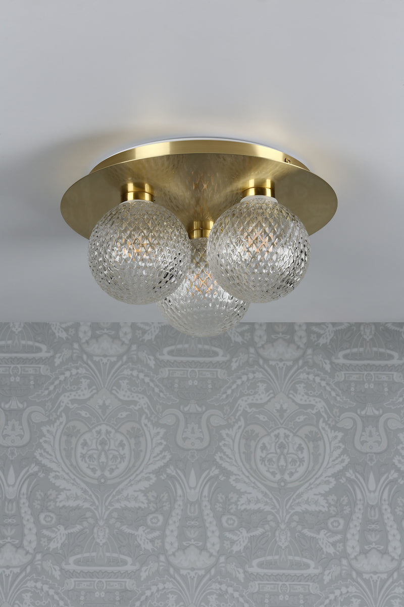 Laura Ashley Prague 3lt Flush Bathroom Light Glass Satin Brass IP44 – from Amos Lighting + Home