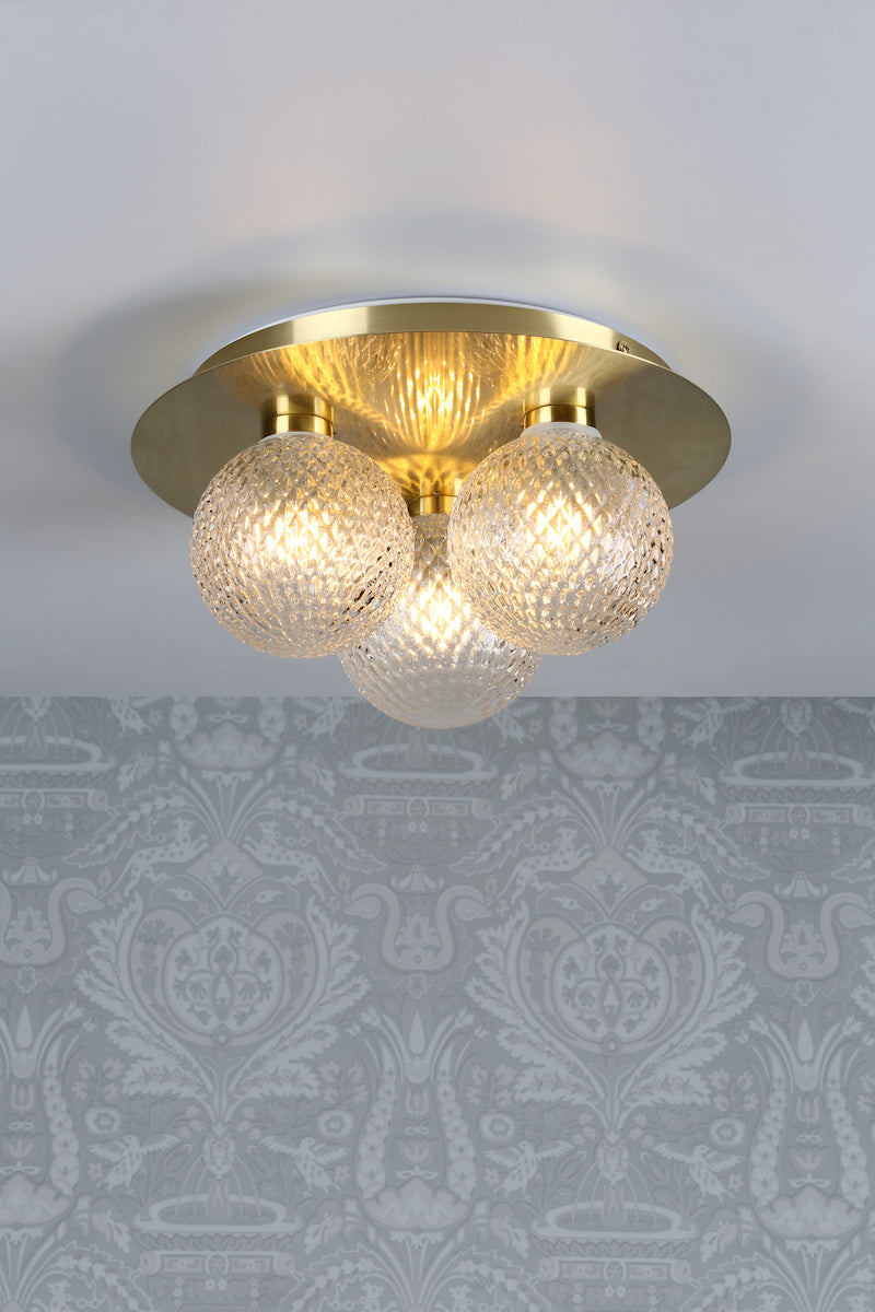 Laura Ashley Prague 3lt Flush Bathroom Light Glass Satin Brass IP44 – from Amos Lighting + Home