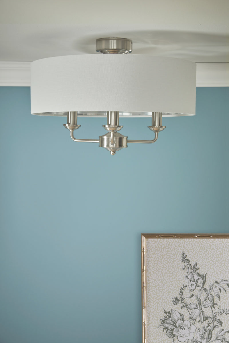 Laura Ashley Sorrento 3 Light Semi-Flush Satin Nickel and Natural With Shade – from Amos Lighting + Home