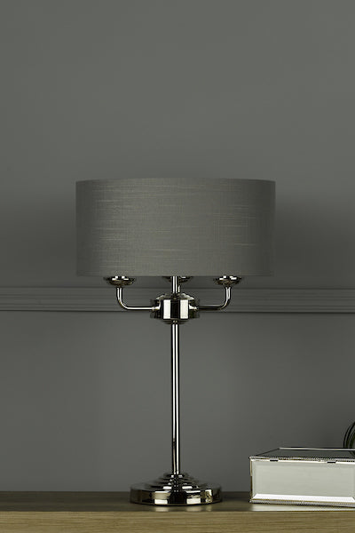 Laura Ashley Sorrento Table Lamp Polished Nickel with Charcoal Shade – from Amos Lighting + Home