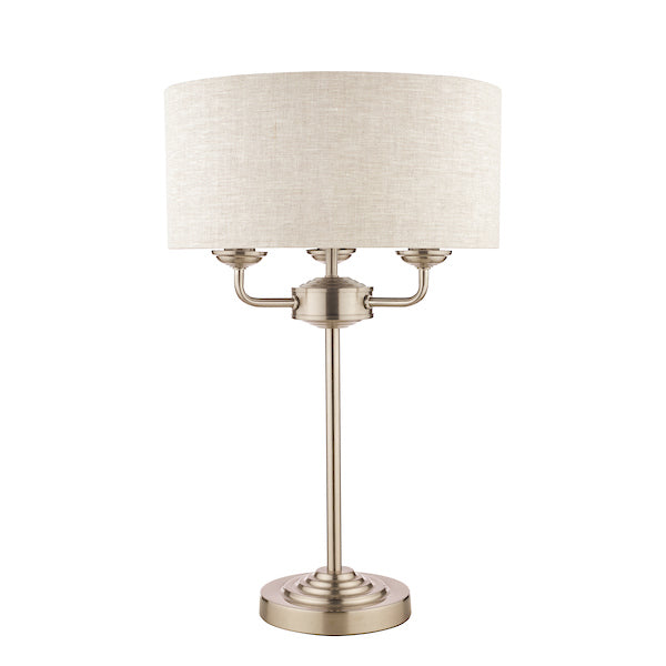 Laura Ashley Sorrento Table Lamp Satin Nickel with Natural Shade – from Amos Lighting + Home