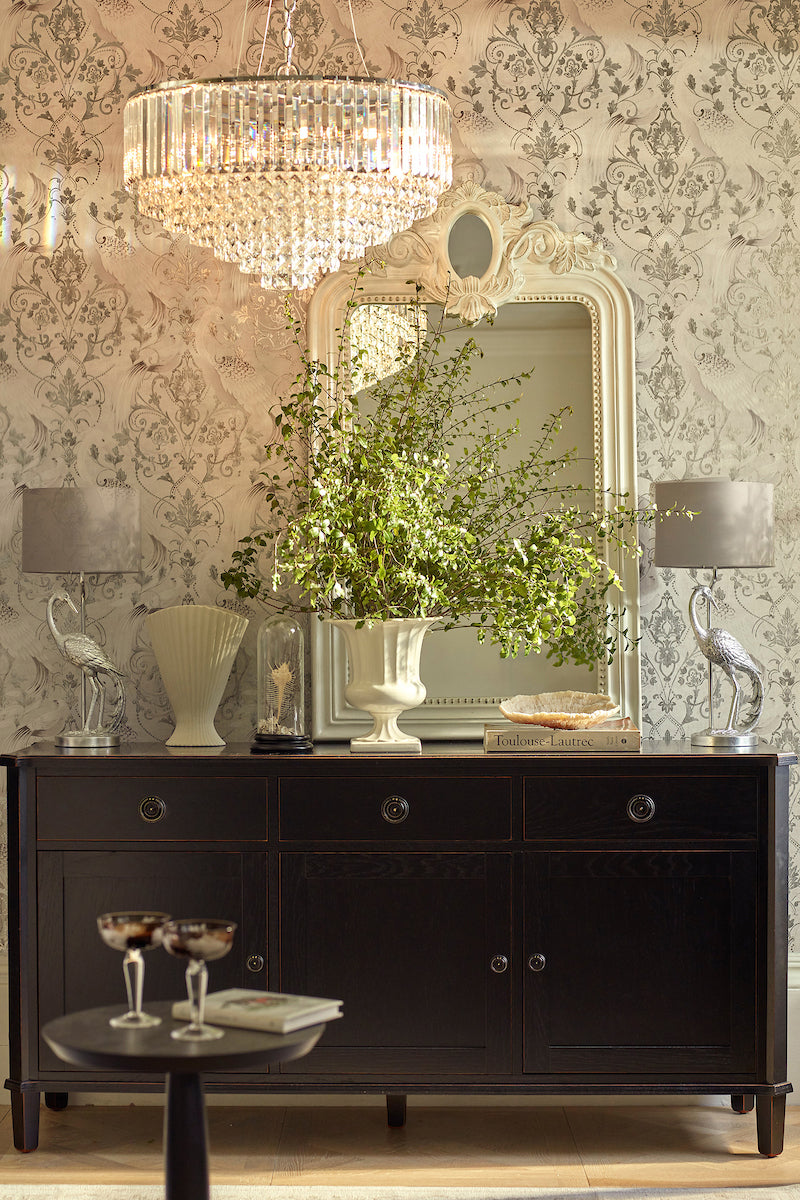 Laura Ashley Tregaron Table Lamp Silver Heron with Grey Shade – from Amos Lighting + Home