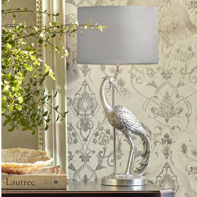 Laura Ashley Tregaron Table Lamp Silver Heron with Grey Shade – from Amos Lighting + Home