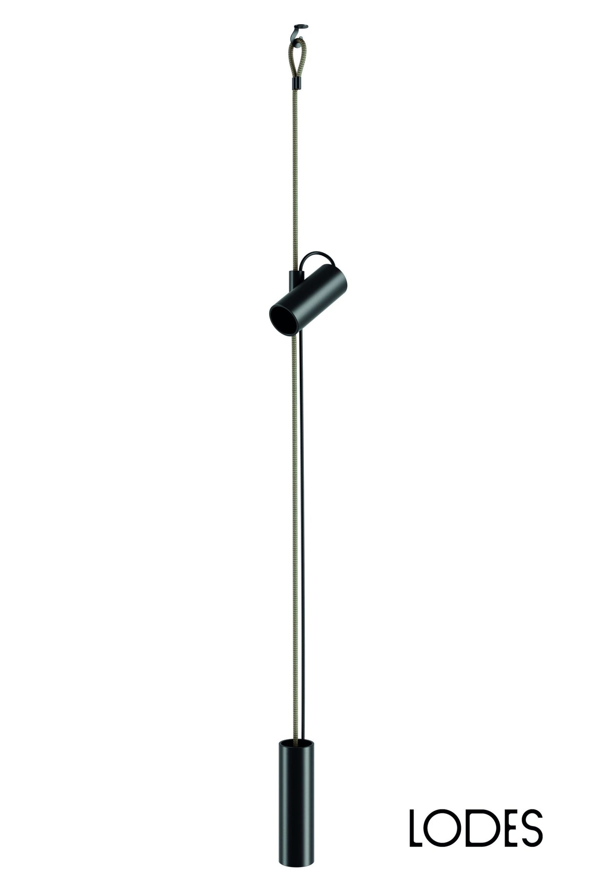 Minimalist black Lodes Cima suspension floor lamp with cylindrical shade and adjustable length cord