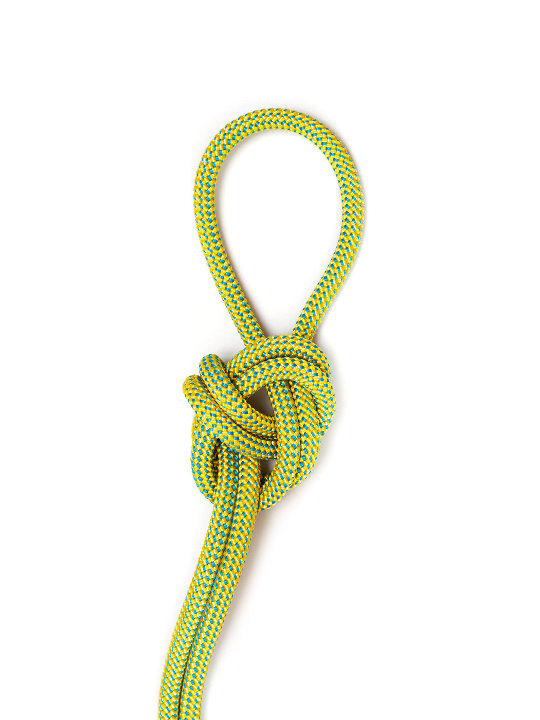 Yellow and blue braided rope tied in a loop knot on a white background