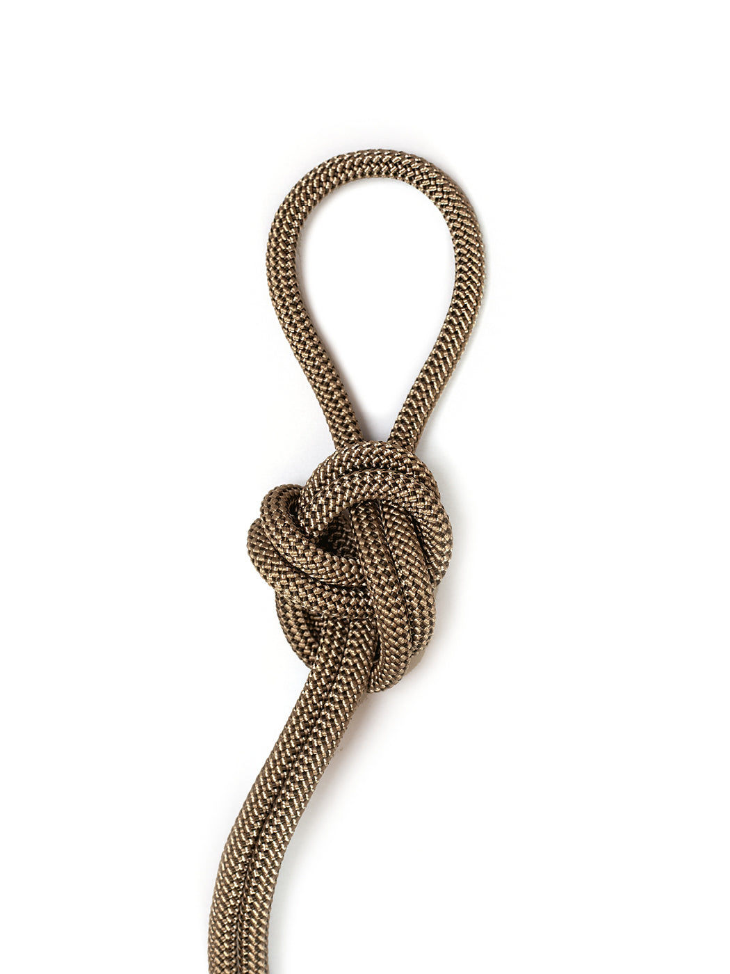 Brown and gray braided rope tied in a decorative knot with a loop against a white background