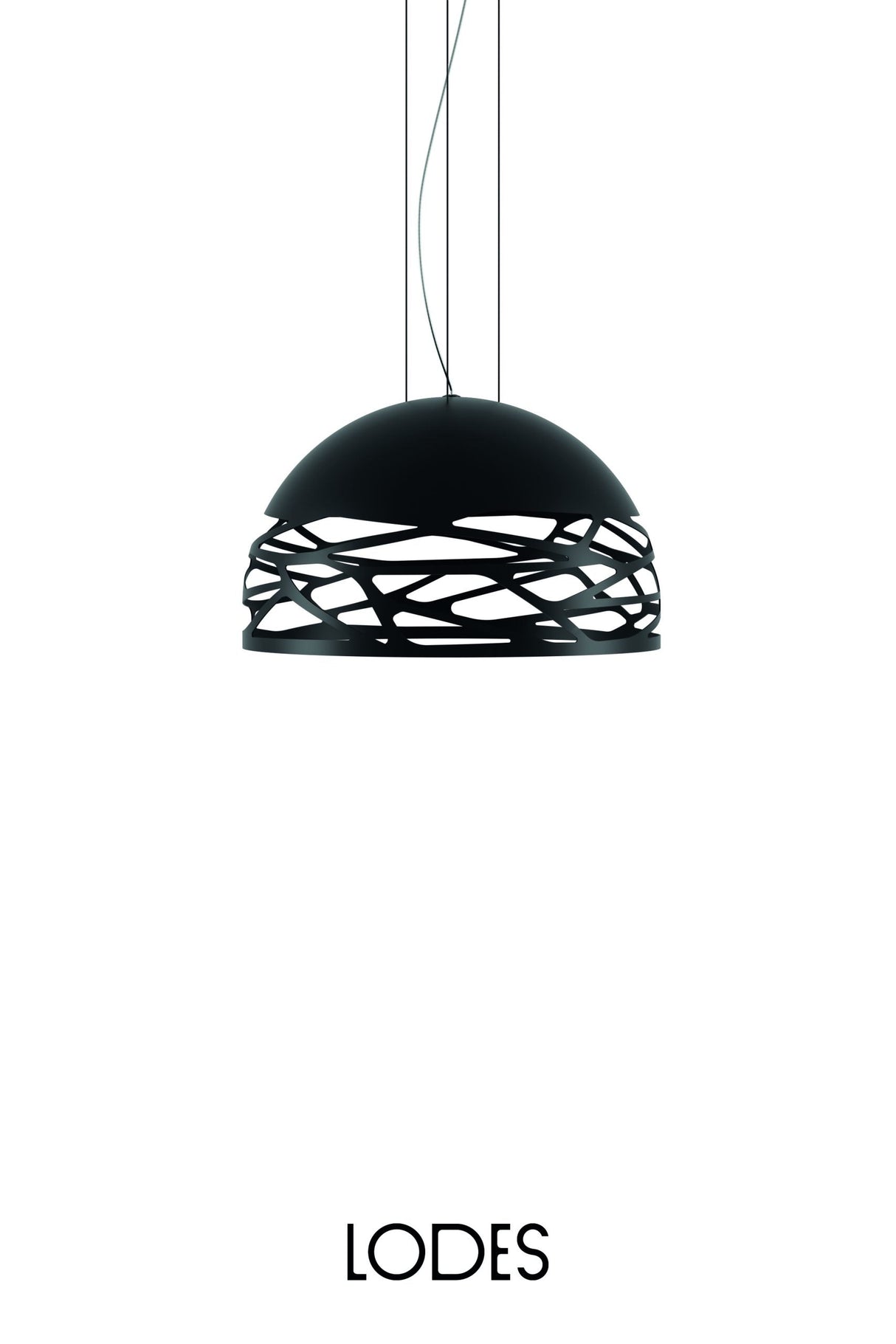 Modern black dome pendant light with laser-cut abstract pattern, suspended by wires