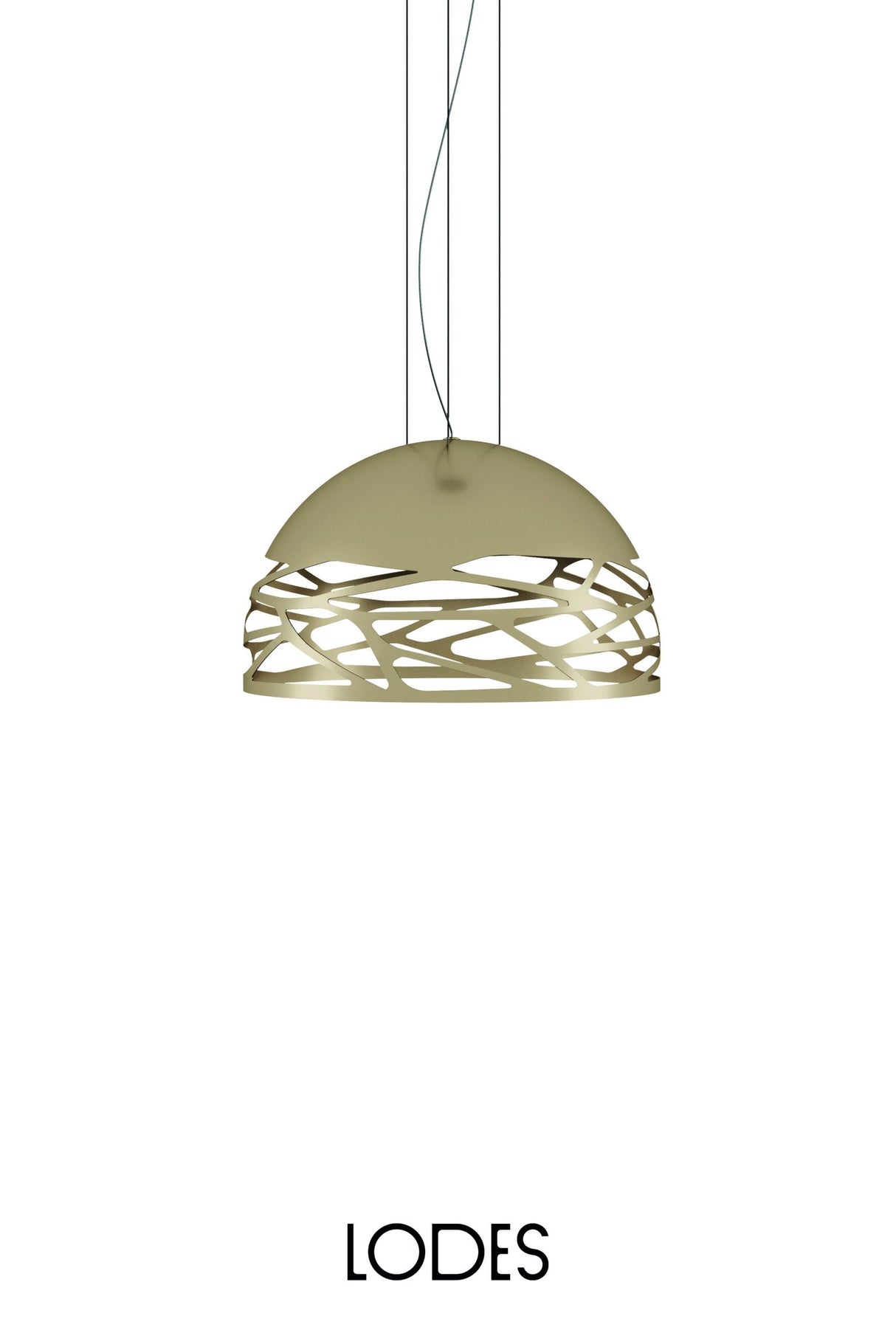 Modern dome pendant light with intricate cutout pattern, suspended by thin wires in studio