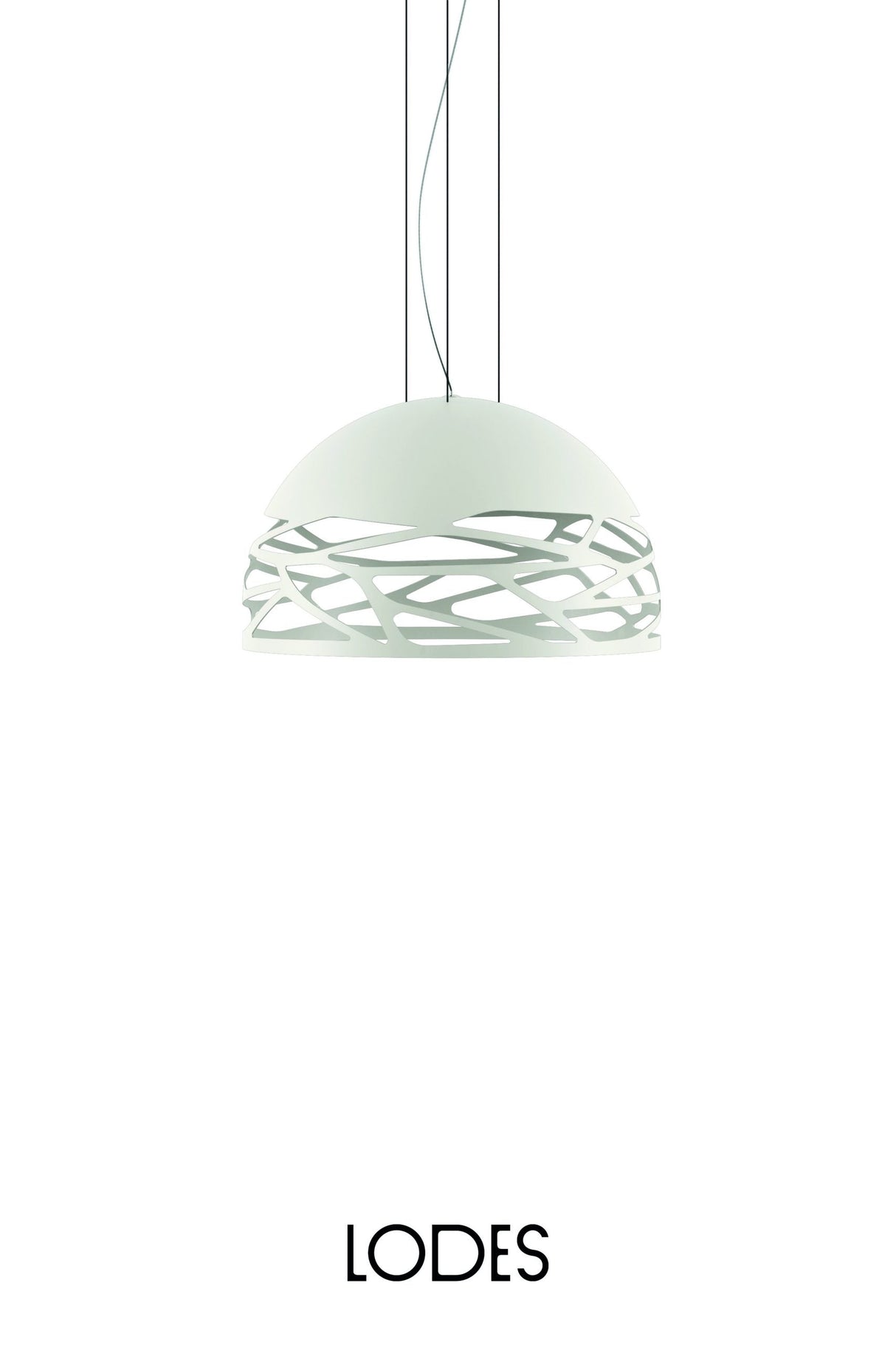 Modern white dome pendant light with abstract cut-out design suspended by three wires