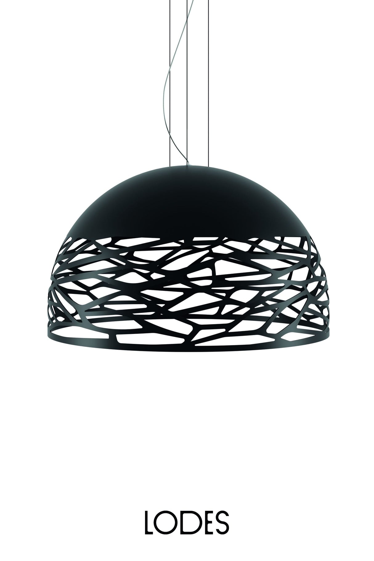 Black Lodes Kelly Dome pendant light with abstract cutout pattern hanging by wires