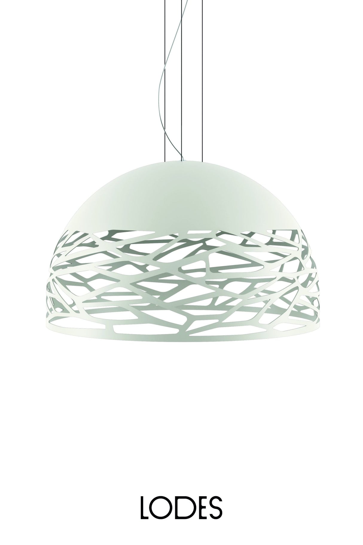 Modern white dome pendant light with abstract cut-out pattern suspended by wires