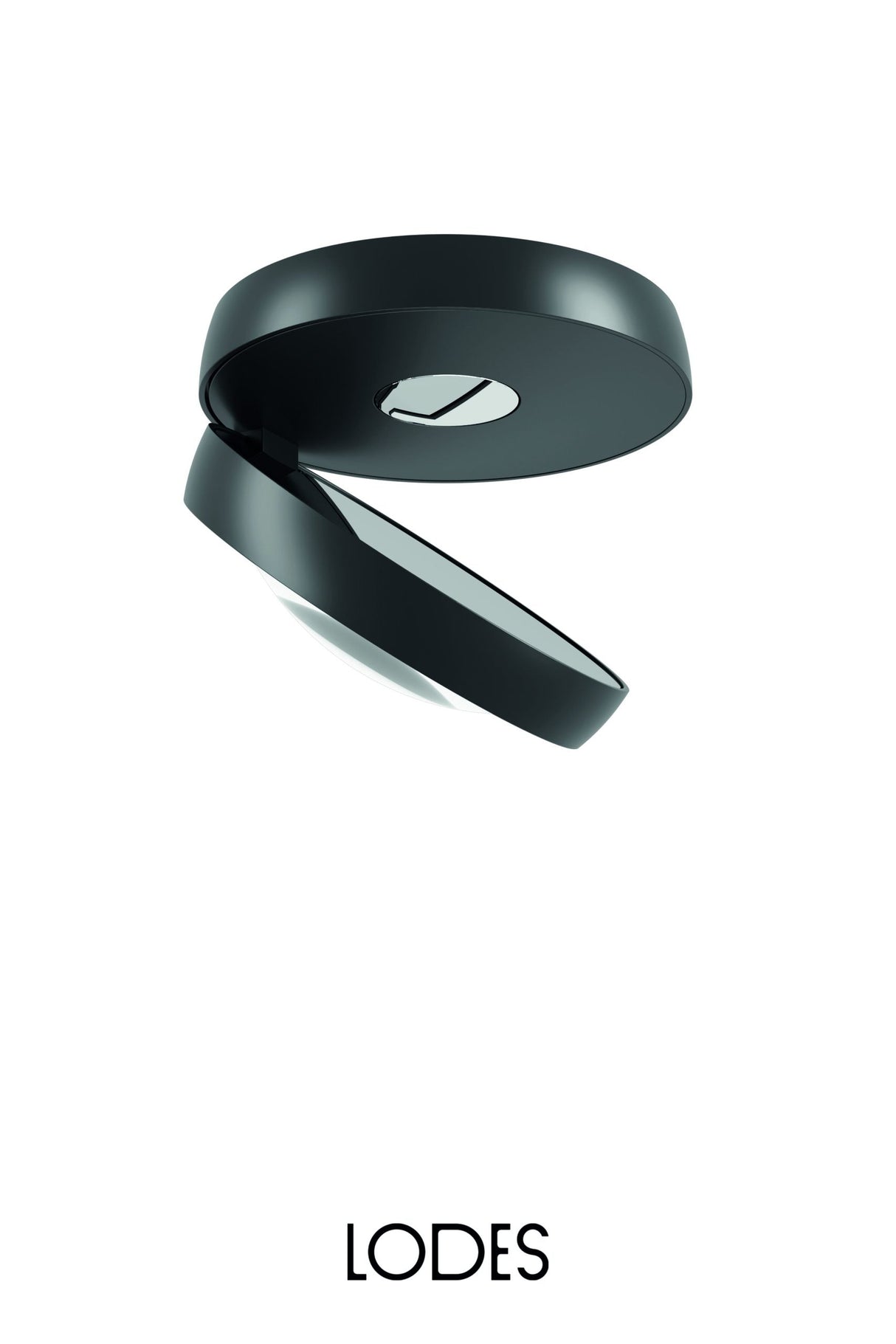 Black modern compact ceiling light fixture with round foldable design against white background