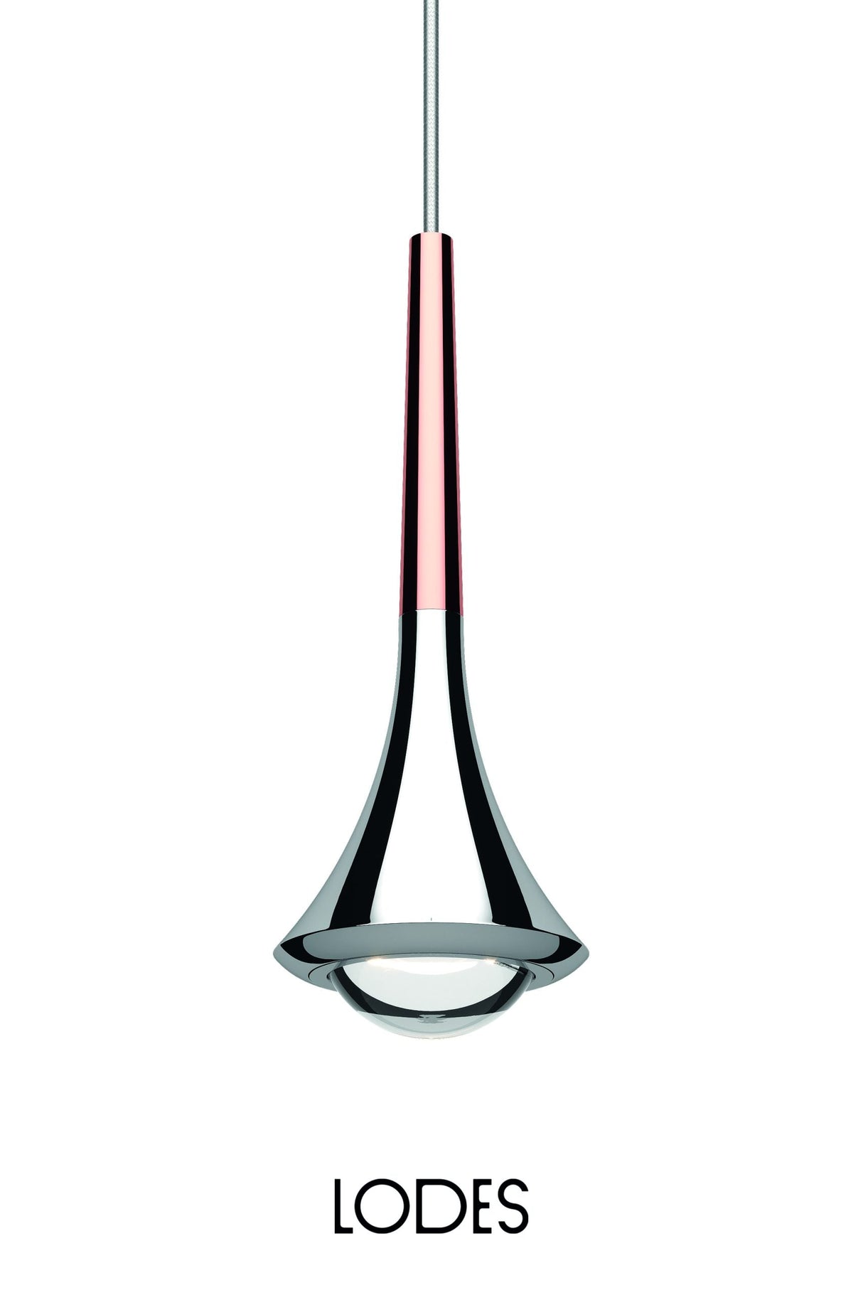Modern Lodes Rain single pendant light with chrome and rose gold finish hanging on white background