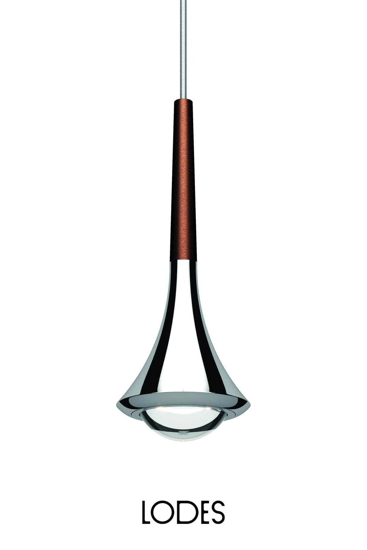 Modern Lodes Rain single pendant light with chrome and copper finish on white background