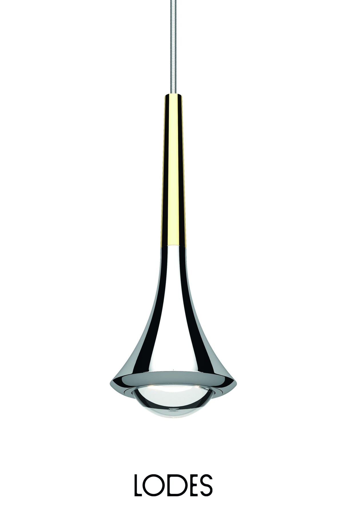 Lodes Rain single pendant light with chrome and gold finish hanging on white background