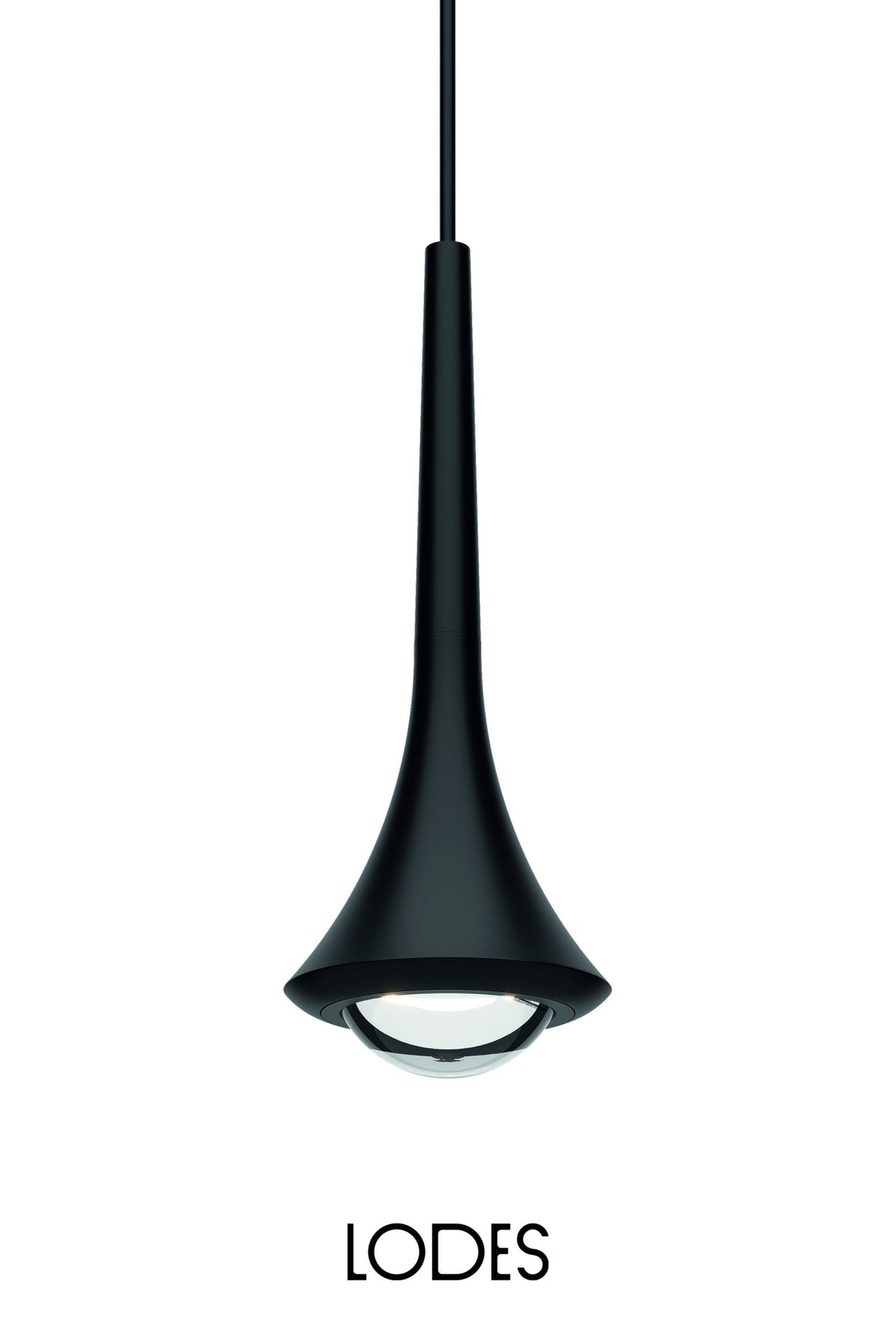 Modern black Lodes Rain single pendant light with sleek curved design and glass diffuser