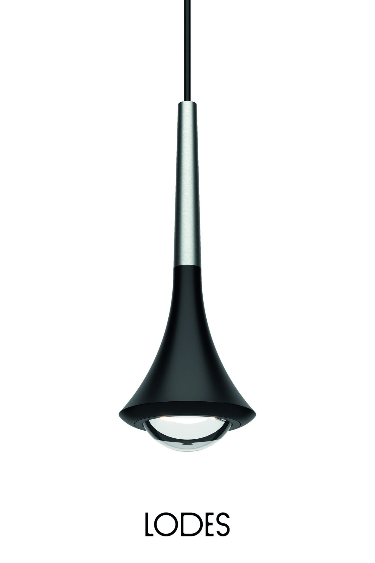 Modern Lodes rain single pendant light with black and silver finish and clear glass globe