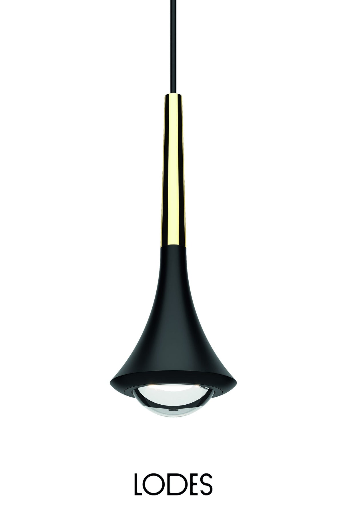 Modern black and gold Lodes Rain single pendant light with clear glass diffuser