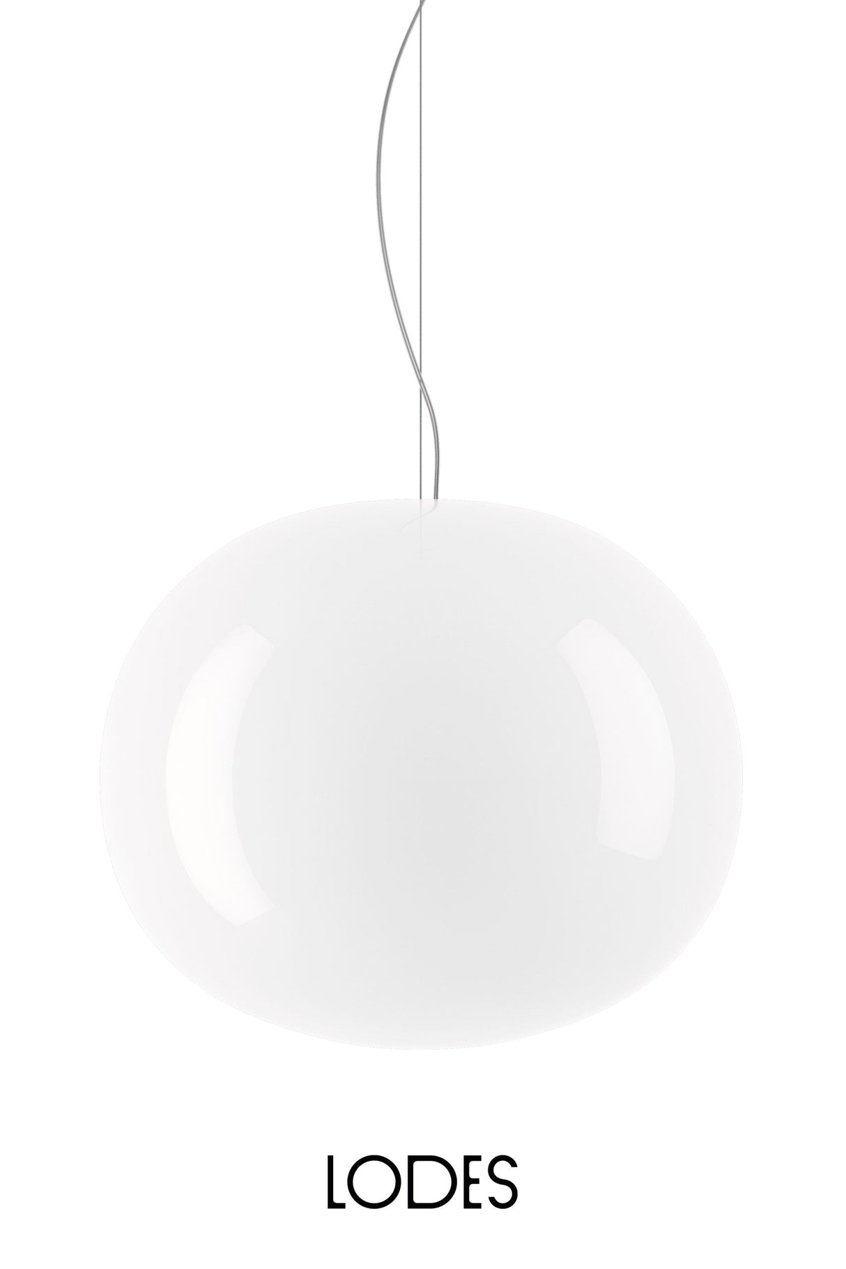 Modern white glass pendant light with oval shape hanging on silver cables by Lodes