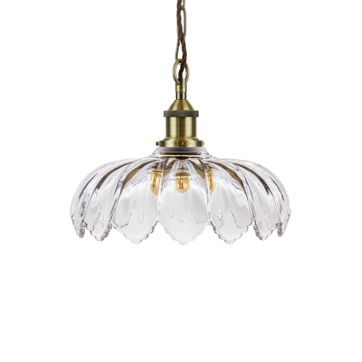 Soho Lighting Organic Flora Clear Glass Pendant Light Antique Brass Lampholder, Chain and Brown Twisted Cable