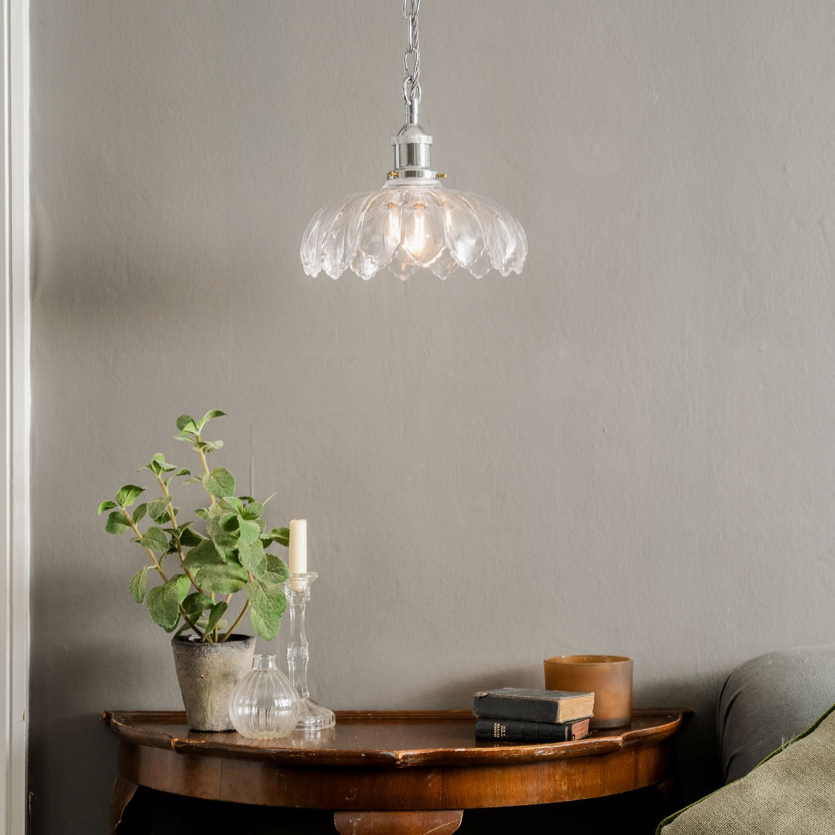 Soho Lighting Organic Flora Clear Glass Pendant Light Nickel Lampholder, Chain and Grey Twisted Cable