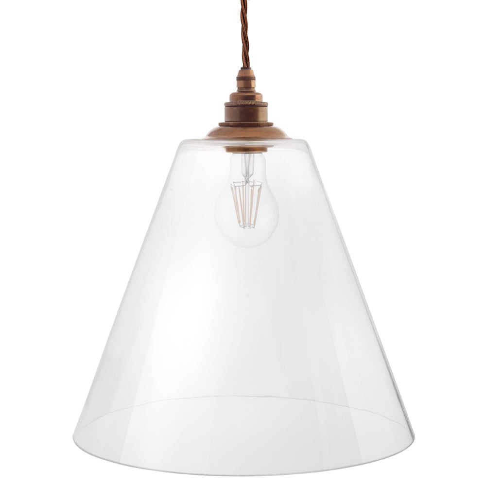 Soho Lighting Forster Clear Cone Glass Pendant Light with Old English Bronze Bulb Holder and Brown Twisted Cable