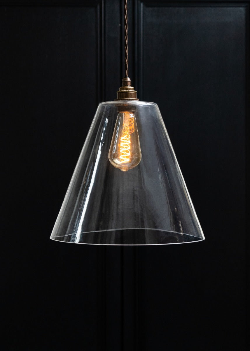 Soho Lighting Forster Clear Cone Glass Pendant Light with Old English Bronze Bulb Holder and Brown Twisted Cable