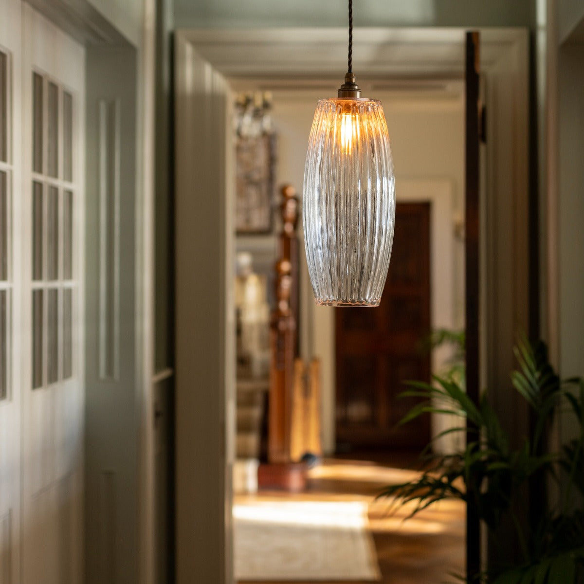 Soho Lighting Henley Curve Fluted Glass Pendant Light with Old English Bronze Bulb Holder and Brown Twisted Cable