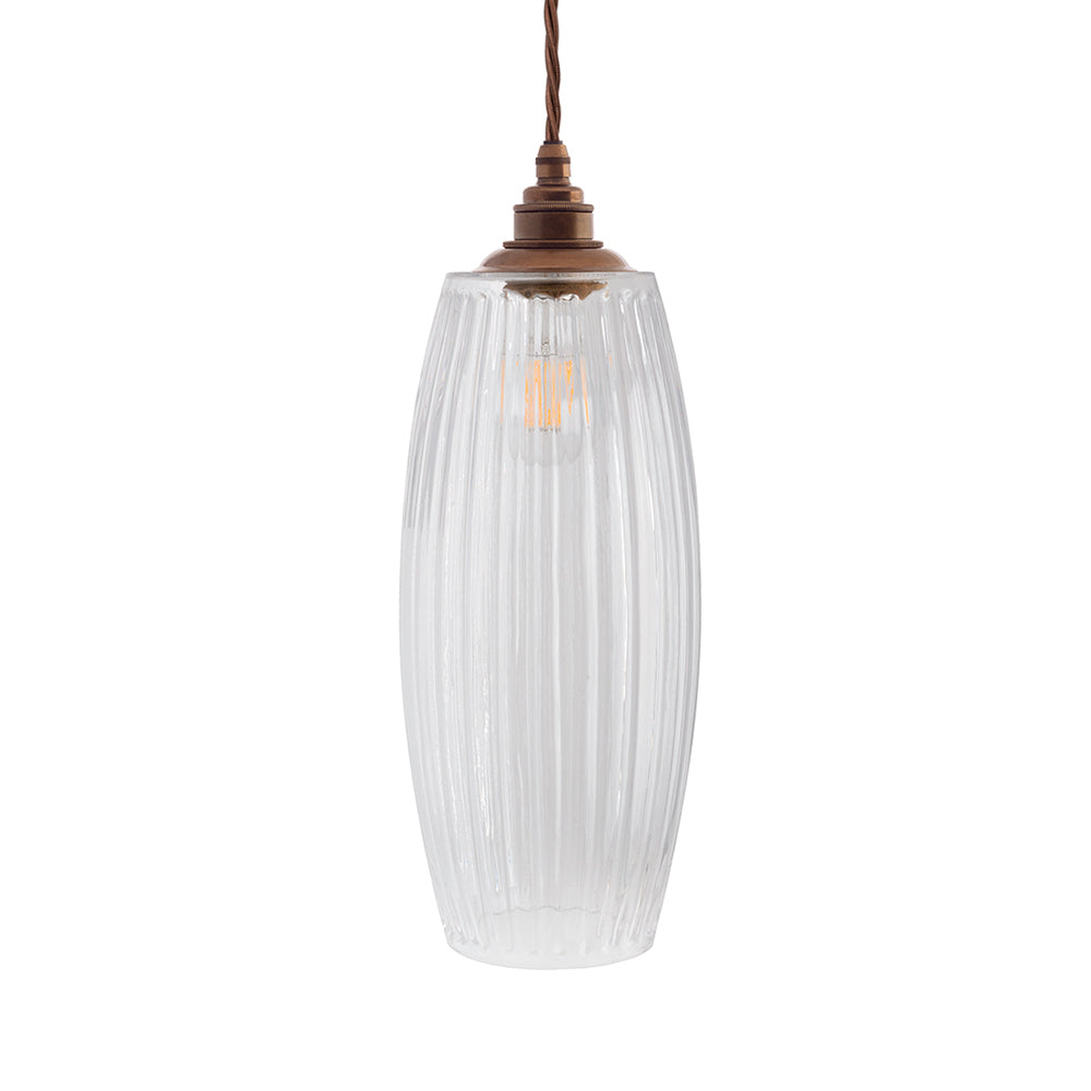 Soho Lighting Henley Curve Fluted Glass Pendant Light with Old English Bronze Bulb Holder and Brown Twisted Cable