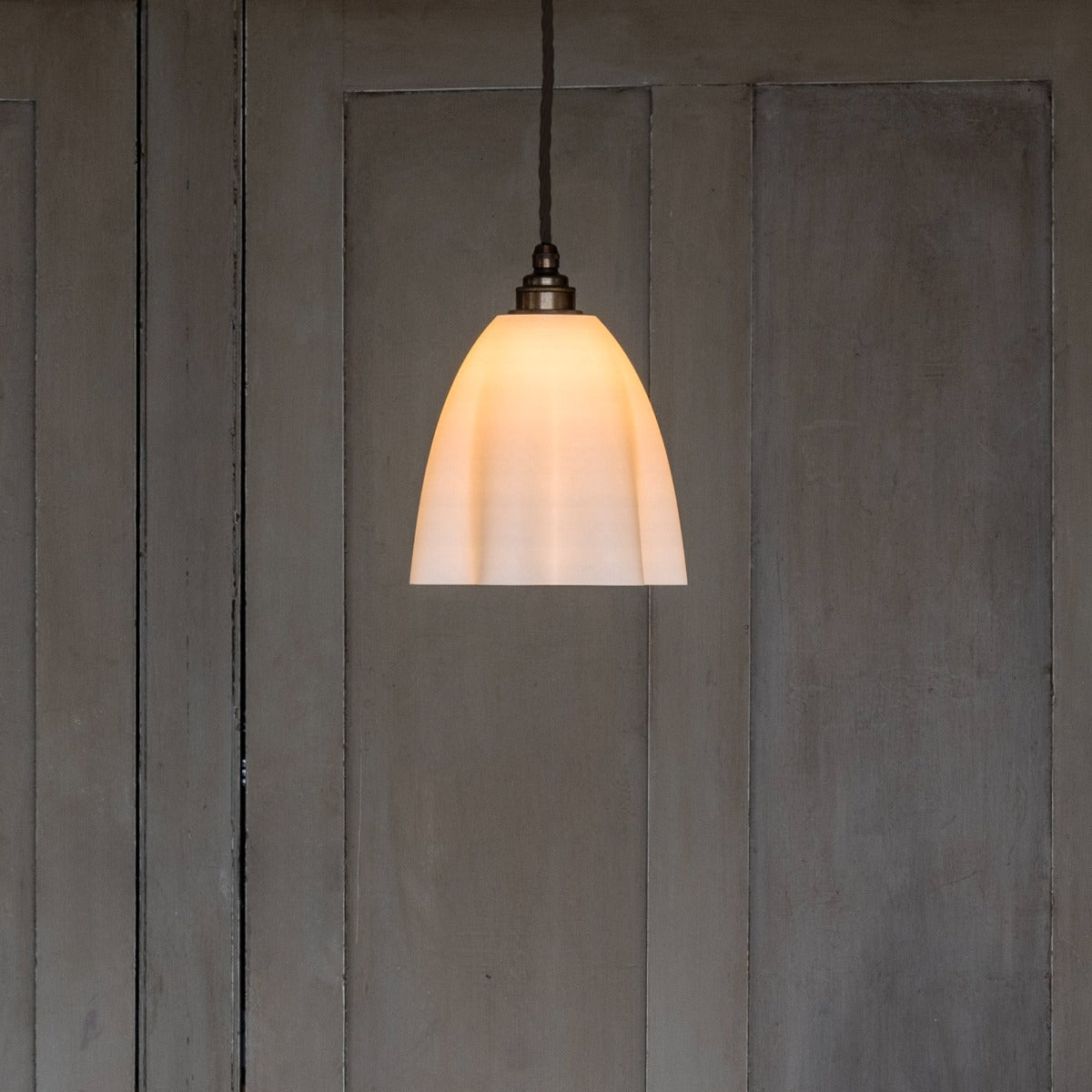 Soho Lighting Fluted Cloth Pendant Soft White Light with Old English Bronze Bulb Holder & Brown Cable