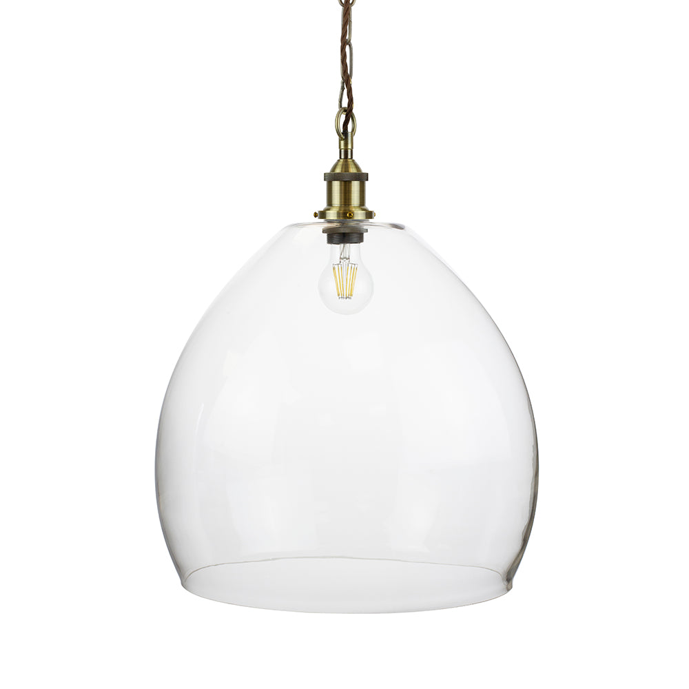 Soho Lighting Harington Clear Dome Glass Pendant Light with Antique Brass Lampholder and Chain with Brown Twisted Cable