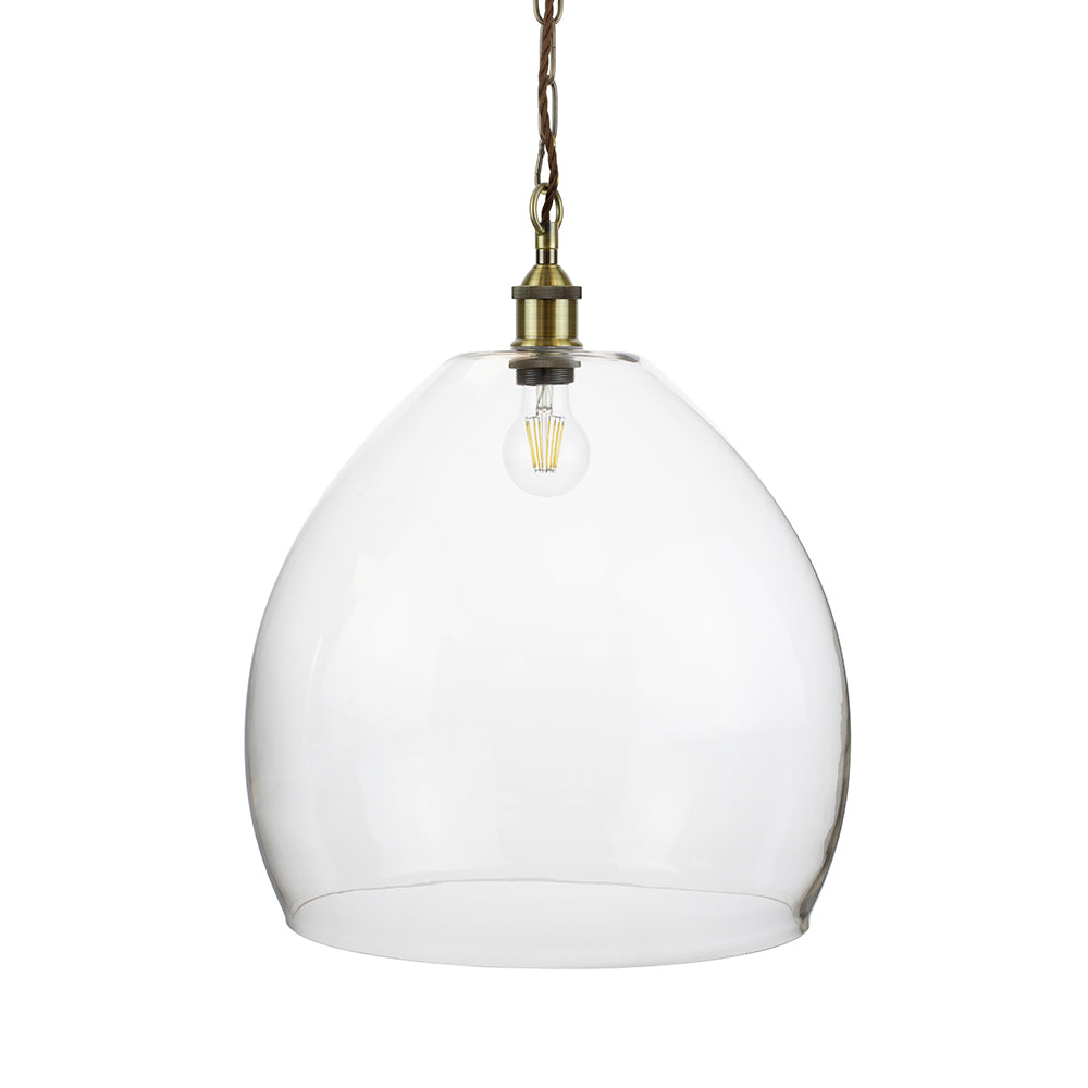 Soho Lighting Harington Clear Dome Glass Pendant Light with Antique Brass Lampholder and Chain with Brown Twisted Cable