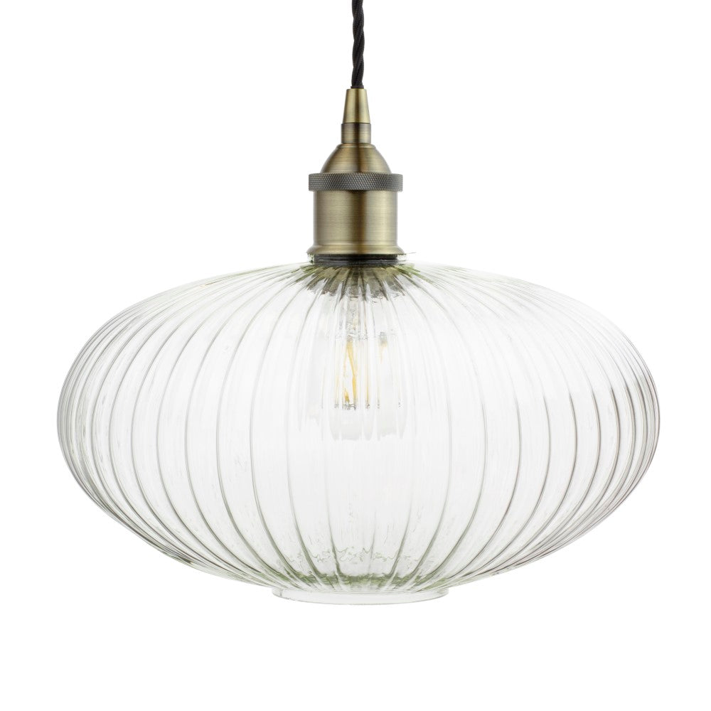Soho Lighting Henley Ellipse Ribbed Glass Pendant Light with Antique Brass Lamp Holder and Black Twisted Cable