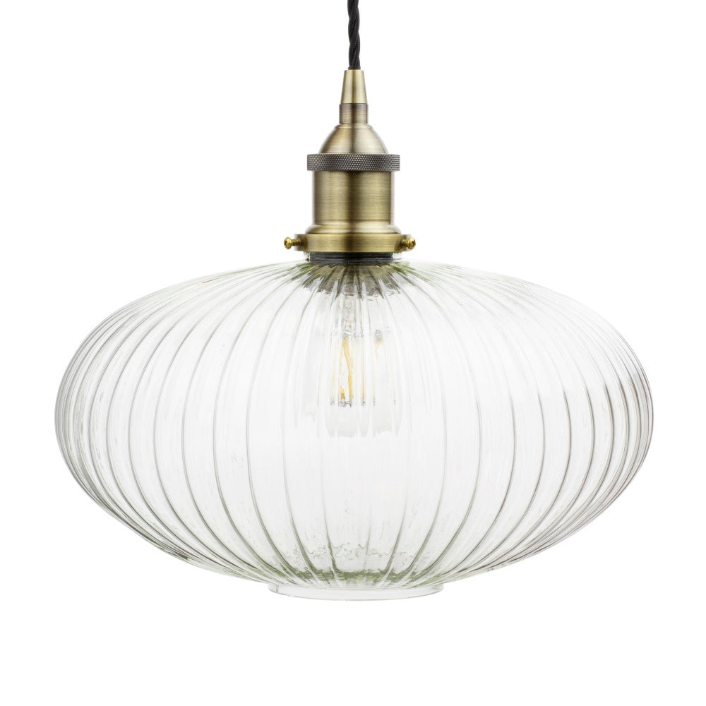 Soho Lighting Henley Ellipse Ribbed Glass Pendant Light with Antique Brass Lamp Holder and Black Twisted Cable