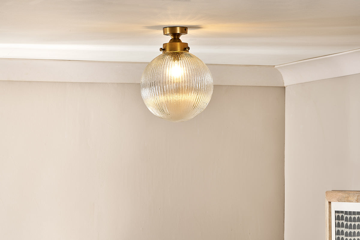 Nkuku Konnie Brass Bathroom Ceiling Lamp Ribbed Glass Globe – from Amos Lighting + Home