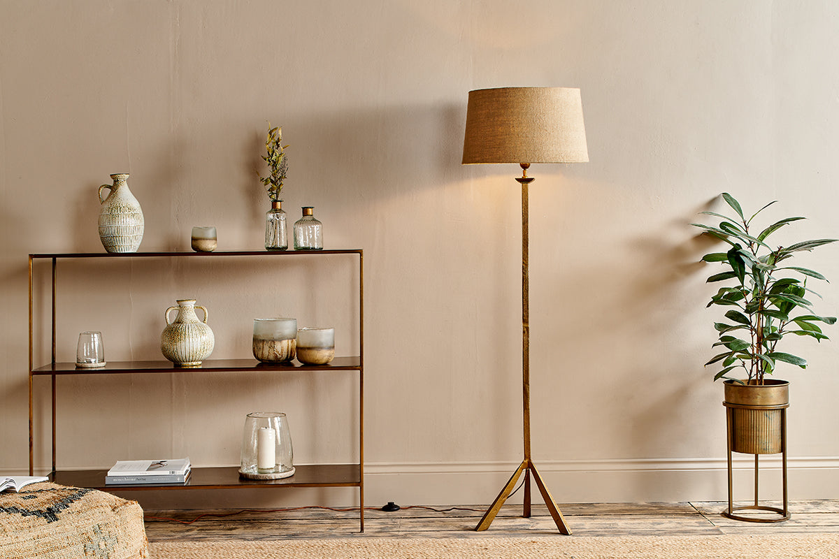 Nkuku Sahhil Metal Tripod Floor Lamp Antique Brass – from Amos Lighting + Home