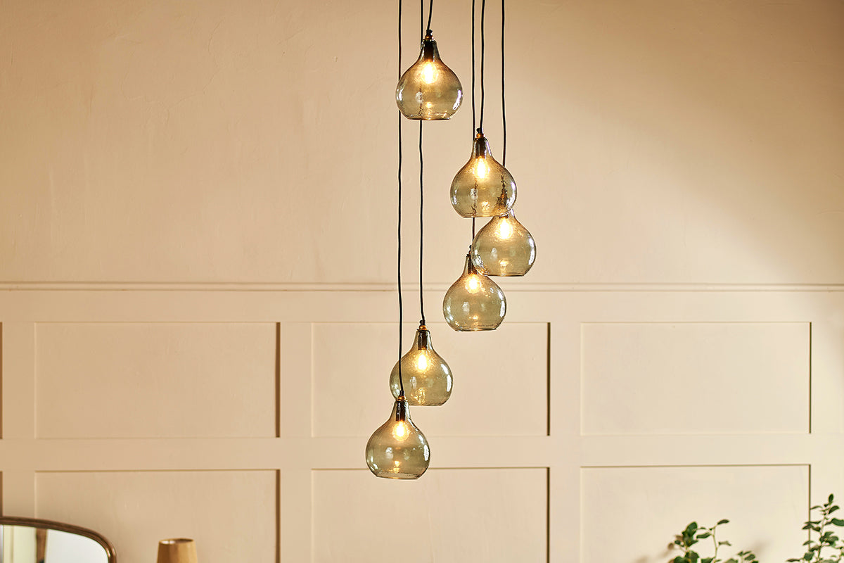 Nkuku Ziva 6 Light Recycled Green Smoke Glass Cluster Pendant – from Amos Lighting + Home