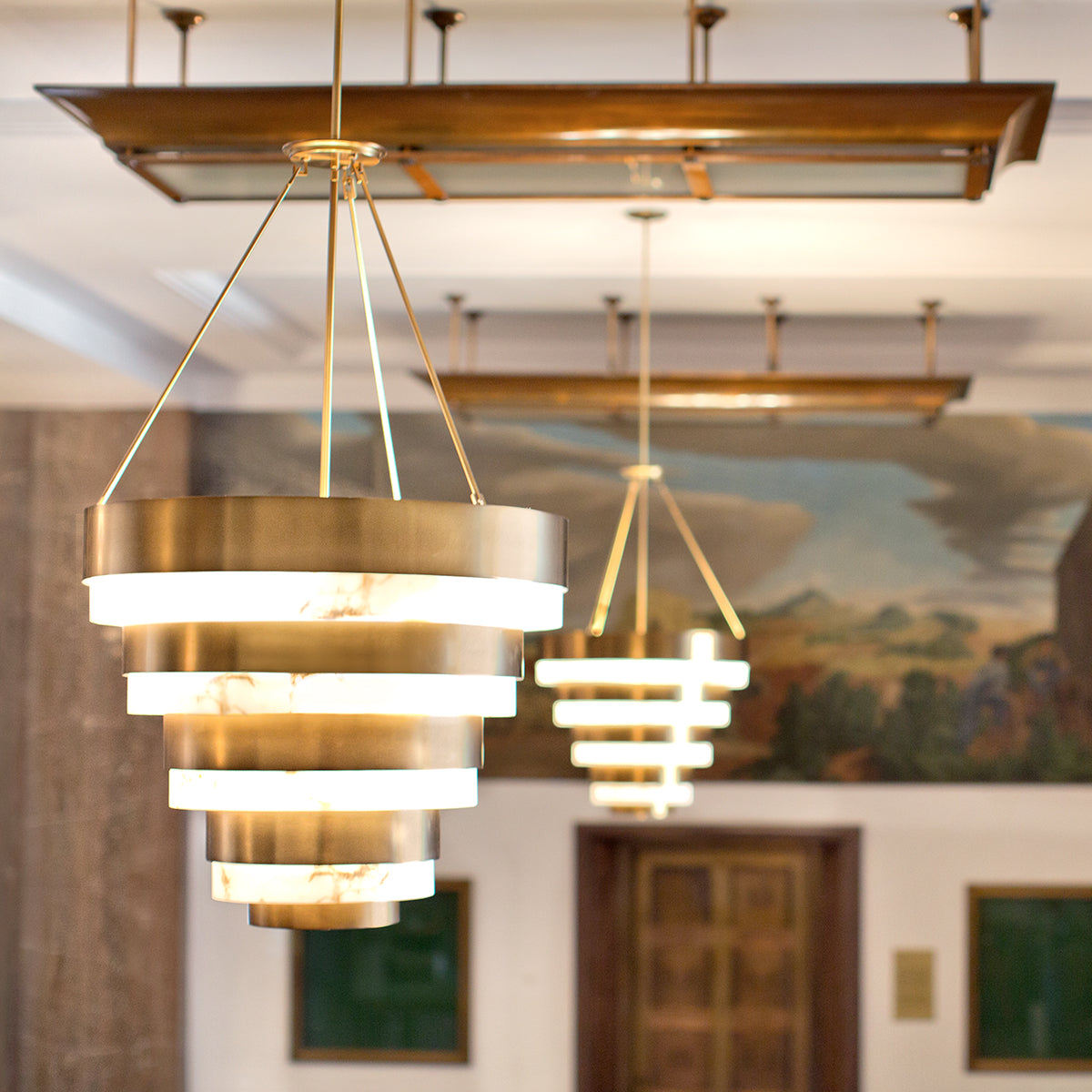 Quintiesse Echelon 8 lt Pendant, Heritage Brass and Faux Alabaster – from Amos Lighting + Home