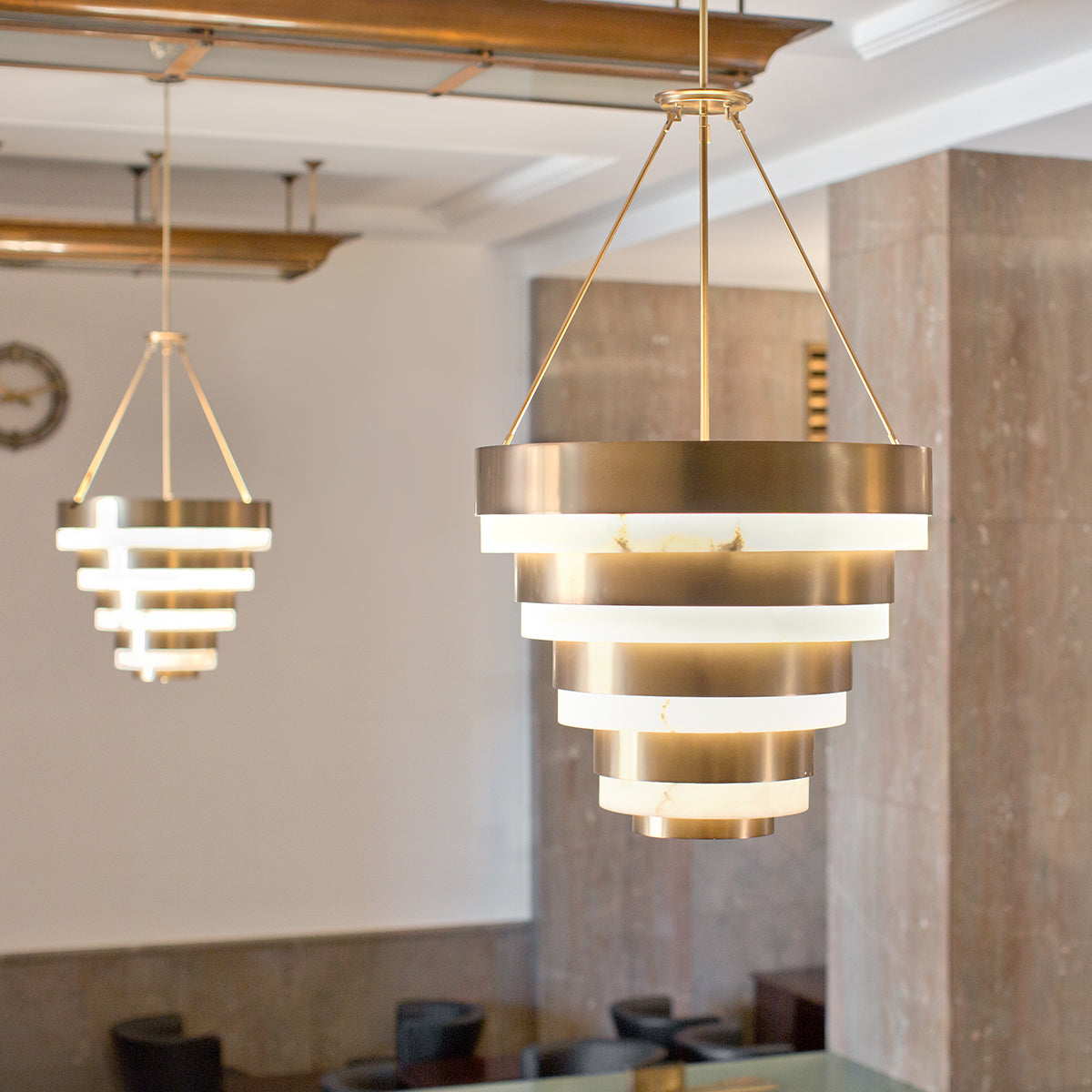 Quintiesse Echelon 8 lt Pendant, Heritage Brass and Faux Alabaster – from Amos Lighting + Home
