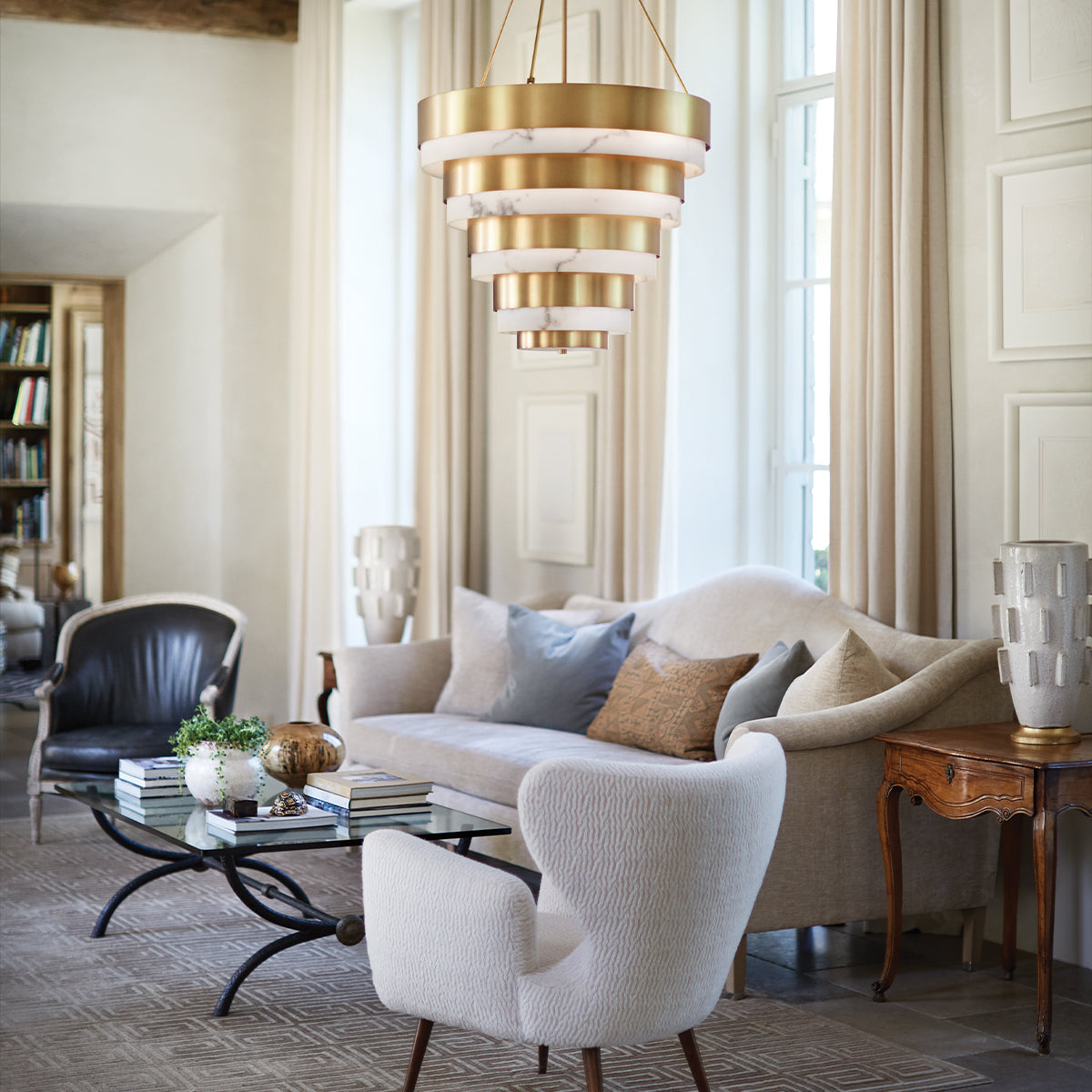 Quintiesse Echelon 8 lt Pendant, Heritage Brass and Faux Alabaster – from Amos Lighting + Home