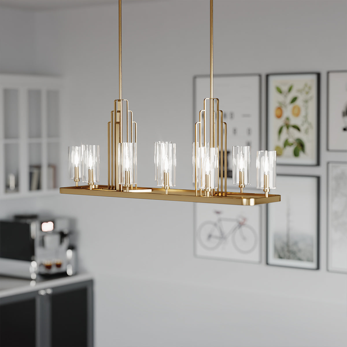 Quintiesse Kimrose 10 lt Art Deco Linear Chandelier Brushed Natural Brass – from Amos Lighting + Home