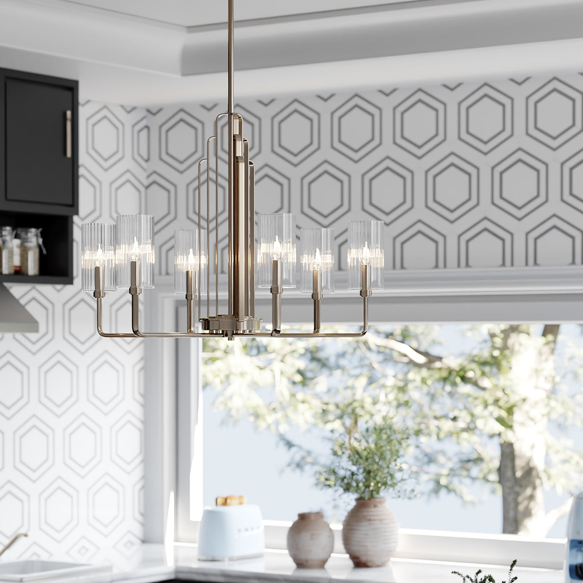 Quintiesse Kimrose 6 lt Art Deco Chandelier Polished Nickel – from Amos Lighting + Home