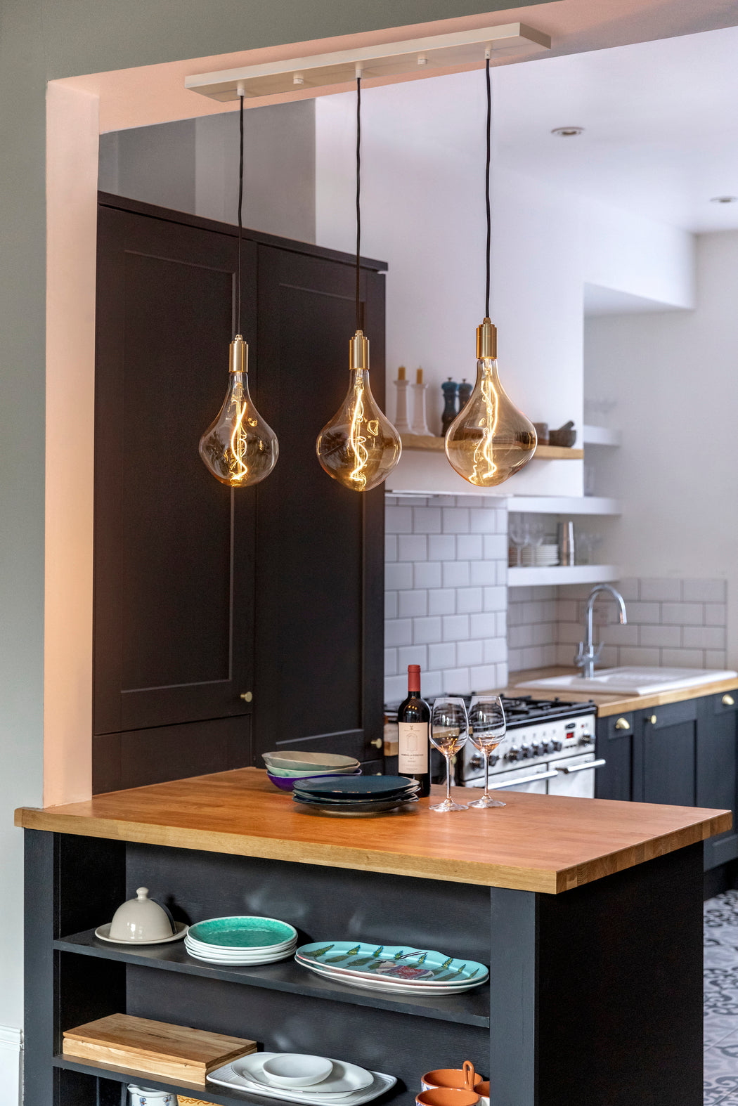 Tala Linear Triple Pendant with Voronoi II LED Bulbs – from Amos Lighting + Home